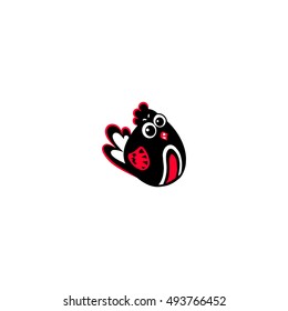Funny black chicken with big eyes. An unusual bird with red crest and tail. Vector icon of a rooster on white background
