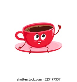 Funny black coffee cup character sitting on a saucer and giving thumb up, cartoon vector illustration isolated on white background. Cute red Americano coffee cup character