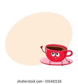 Funny black coffee cup character sitting on a saucer and giving thumb up, cartoon vector illustration on yellow background with place for text. Cute red Americano coffee cup character