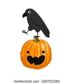 Funny black crow on halloween pumpkin cartoon character. Raven bird. Hand drawn vector illustration.