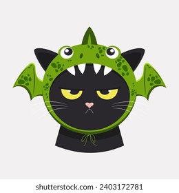 Funny black cute cat wearing a green dragon costume hat for the holiday. Vector.