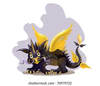 Funny black dragon with golden wings.