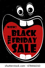 Funny Black Friday Sale Poster With Crazy Cartoon Face And Screaming Big Mouth. Vector Illustration.