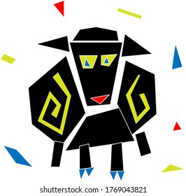 Funny black geometric sheep in the children's applications style. Restricted color palette, vector.