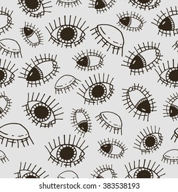 Funny black hand drawn eyes pattern on a grey background
