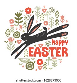 Funny black hares in a circular floral pattern. Vector illustration on a white background.
