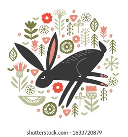 Funny black hares in a circular floral pattern. Vector illustration on a white background.
