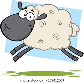 Funny Black Head Sheep Cartoon Mascot Character Jumping. Vector Illustration 