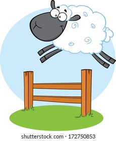 Funny Black Head Sheep Jumping Over The Fence. Vector Illustration Isolated on white