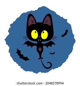 Funny gatito negro con alas de murciélago volando sobre el fondo del cielo nocturno. Ilustración vectorial de Halloween.