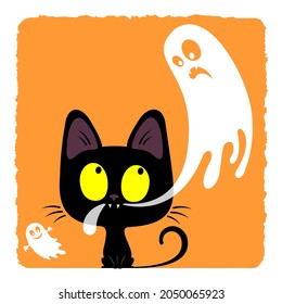 Funny black kitten catching a ghost. Halloween vector illustration.