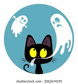 Funny black kitten catching a ghost. Halloween vector illustration.