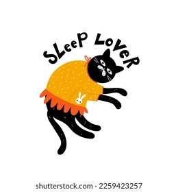 Funny black lying cat in yellow pajamas and text - Sleep lover isolated on white background. Suitable for print on t shirt or card