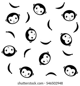 Funny black monkey muzzle with banana pattern on black background 