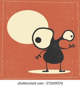 Funny black monster with emotions and chat cloud on dark orange grunge background, cartoon illustration.  