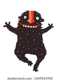 Funny Black Monster Run Hugging. Cartoon design of quirky monster vector graphics.