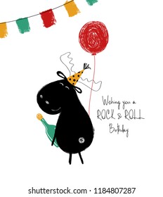 Funny black moose with bottle and balloon. Birthday greeting card with phrase: wish you a rock and roll birthday.