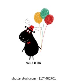 Funny black moose with bunch of balloons. Greeting card with motivating phrase: smile often.