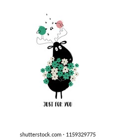 Funny black moose holding bunch of flowers and singing birds. Love greeting card with phrase: just for you.