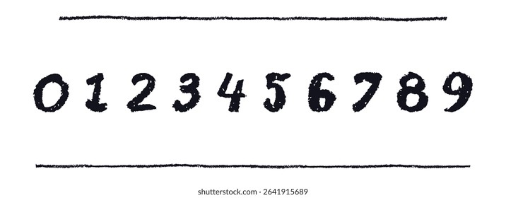 Funny black numbers 0-9, hand-drawn in a wax crayon or pastel style. Highlighter effect on a white board for kindergarten drawing, learning materials, and creative educational projects. Vector set