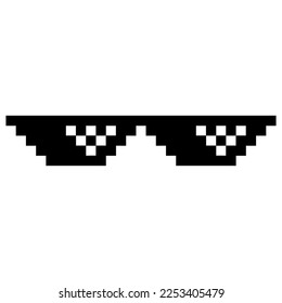 Funny Black Pixelated Sunglasses. Simple Linear Illustration of 8-bit Pixel Boss Glasses. Art Glasses of Thug Life Meme - Isolated on White Background