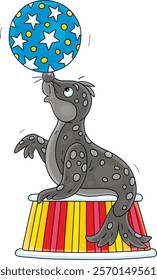 Funny black seal balancing on a colorful striped podium and playing with a big beautiful ball in an amusing acrobatic circus performance, vector cartoon illustration on a white background