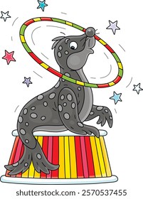 Funny black seal balancing on a colorful striped podium and playing with a big beautiful hoop in an amusing acrobatic circus performance, vector cartoon illustration on a white background