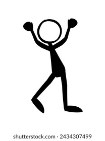 Funny black silhouette of a man feeling grateful about his victory. Vector illustration.