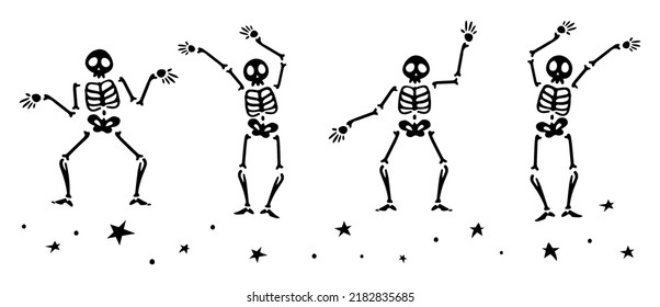 Funny Black Skeleton Silhouette Pattern Vector. Dancing Skeletons, Skull with Stars Banner. Halloween Vibes. Trick or treat, Spooky Season and Happy Halloween Party Art. Skeleton Illustration.