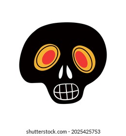 Funny black skull on a whire background. Vector illustration. Design for Halloween, day of the dead