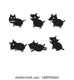Funny black small dog vector set. Cute chubby dog cartoon character. 