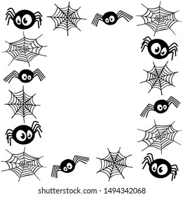 Funny black spiders with spider web frame on a white background vector illustration for design and decoration
