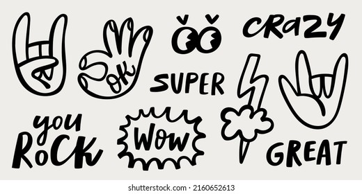 Funny black stickers and phrases collection. Ok and rock signs, eyes, wow, great, crazy icons. Hand drawn trendy vector illustration