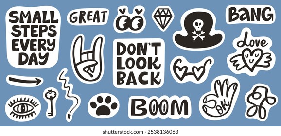 Funny black stickers and phrases set. Ok and rock signs, eyes, pirate hat, great, boom crezy icons. Hand drawn trendy vector illustration