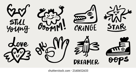 Funny Black Stickers Or Pins Collection, Cute Comic Characters And Phrases. Heart, Ok Sign, Sneaker, Glasses, Bird, Star, Cloud And Wolf . Hand Drawn Trendy Vector Illustration