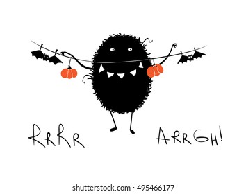 Funny black toothy monster with pumpkins and bats. Halloween postcard. Simple flat vector, eps10.