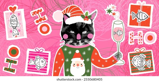 Funny black vector cat with ugly Christmas sweater holding a drink holiday greeting card, banner or poster design concept