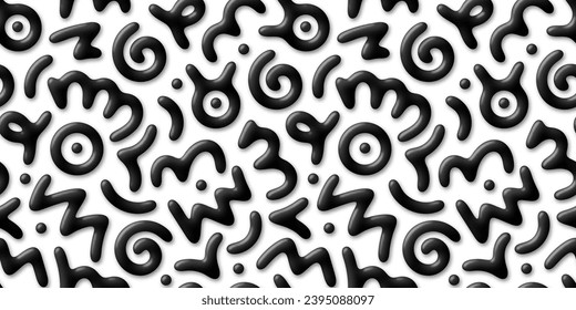 Funny black and white 3D line doodle seamless pattern. Creative minimalist style art background for children or trendy design with basic shapes. Modern impasto paint stroke backdrop.