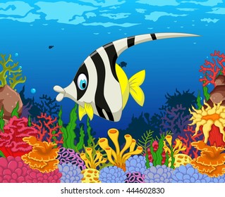 funny black and white angel fish cartoon with beauty sea life background