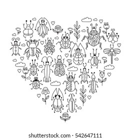 Funny black and white bus beetles insects flowers stones heart doodles