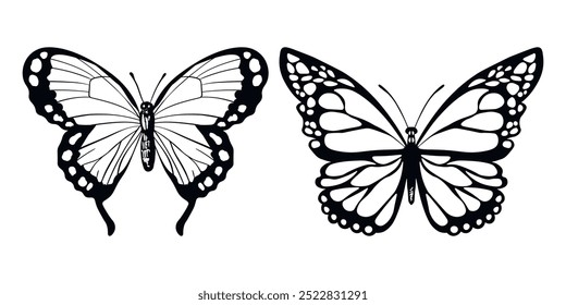 Funny black and white butterfly. Color flat vector of detailed butterflies. Cute characters. Card, postcards for kids. Silhouette icon.
