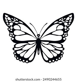 Funny black and white butterfly. Silhouette icon. Flat vector of detailed butterflies. Cute characters. Card, postcards for kids. 