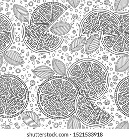 Funny black and white cartoon seamless pattern of lime fruit. Coloring book page. Adult antistress therapy.