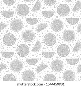 Funny black and white cartoon seamless pattern of lime fruit. Coloring book page. Adult antistress therapy. 