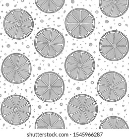 Funny black and white cartoon seamless pattern of lime fruit. Coloring book page. Adult antistress therapy. 