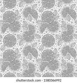 Funny black and white cartoon seamless pattern of lime fruit. Coloring book page. Adult antistress therapy.