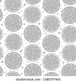 Funny black and white cartoon seamless pattern of lime fruit. Coloring book page. Adult antistress therapy. 