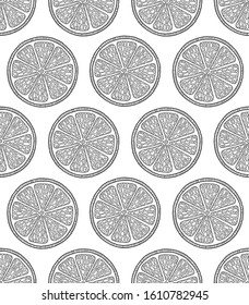 Funny black and white cartoon seamless pattern of lime fruit. Coloring book page. Adult antistress therapy.