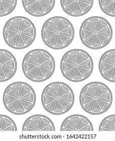 Funny black and white cartoon seamless pattern of lime fruit. Coloring book page. Adult antistress therapy.