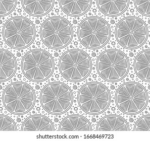 Funny black and white cartoon seamless pattern of lime fruit. Coloring book page. Adult antistress therapy.